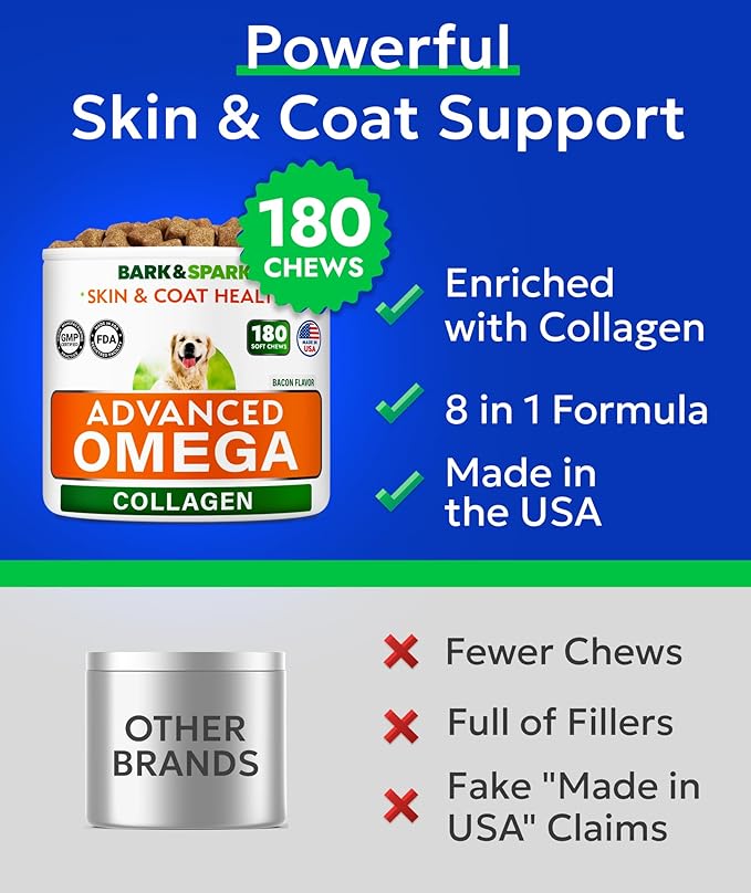 BARK&SPARK Advanced Omega-3 Collagen for Dogs - 180 Fish & Salmon Oil Treats for Dog Shedding, Skin Allergy Chews, Itch Relief, Hot Spots Treatment - Jointm Skin & Coat Supplement, EPA&DHA Fatty Acids