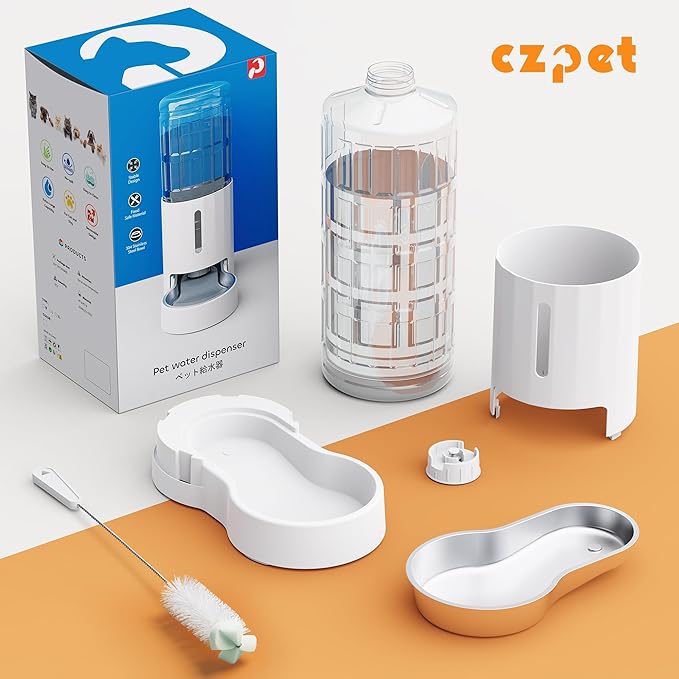 CZPET Automatic 9L Dog and Cat Water Dispenser with Stainless Steel Bowl Gravity Waterer,100% BPA-Free,Large Capacity and Drinking Area Noise-Free for Pets(9L Water Dispenser, White)