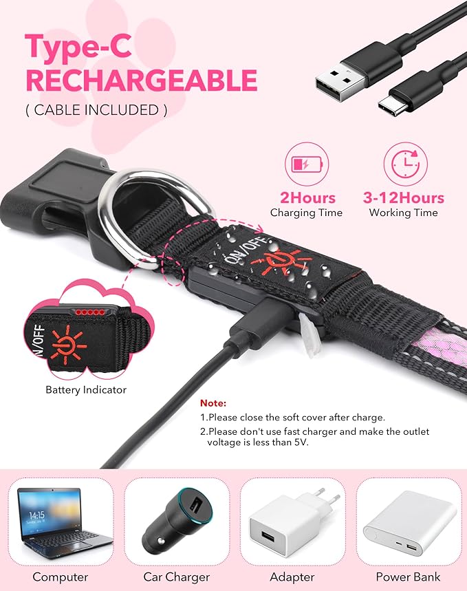 Weesiber Light Up Dog Collar, USB Rechargeable LED Dog Collar Glow in The Dark, Adjustable Reflective Waterproof Dog Collar Light for Night Walking(Pink, S)