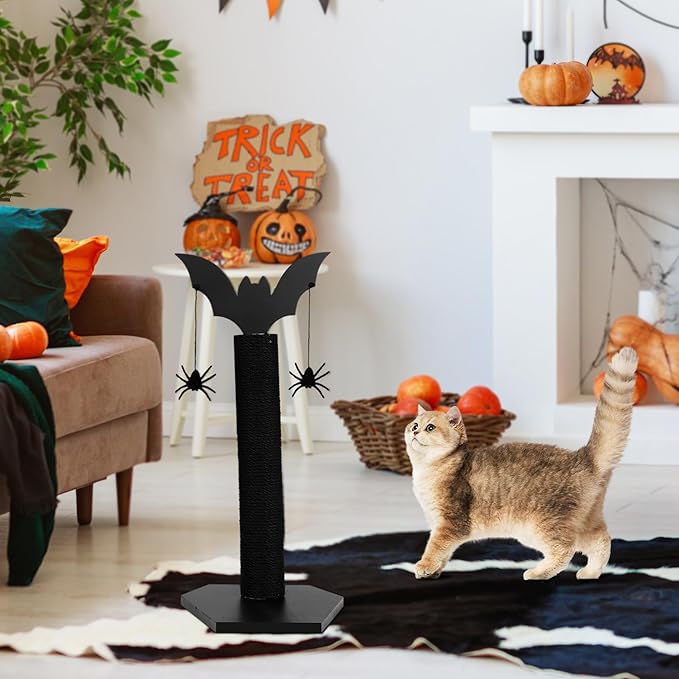 ROYALAY Gothic Cat Scratching Post with 2 Spiders Dangling Toys, Halloween Kitten Furniture for Cats Stuff, Black Halloween Cat Scratcher, Demon Styled Cat Tree for Halloween Decor