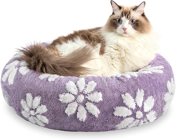 Donut Dog Beds for Small Dogs, Calming Round Cat Beds for Indoor Cats, Cute 3D Textured Flower Pet Bed with Removable Washable Cover and Anti-Slip Bottom(Purple,20")