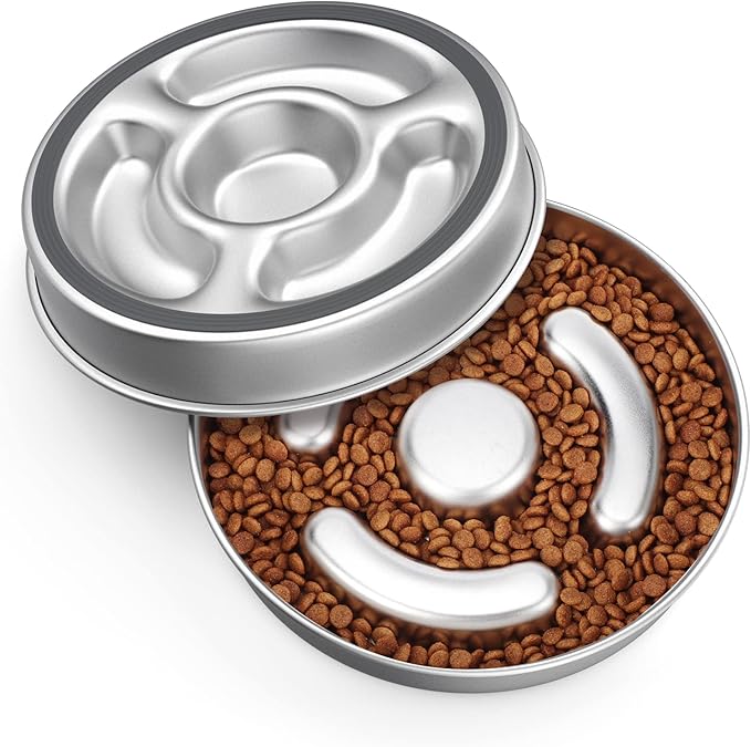 Slow Feeder Dog Bowl Stainless Steel, 2 Cups Metal Non-Slip Dog Food Bowls, Dog Water Bowl for Small & Medium Sized Dogs, Fun Bloat Stop Pet Bowl for Fast Eaters, Slows Down Pets Eating