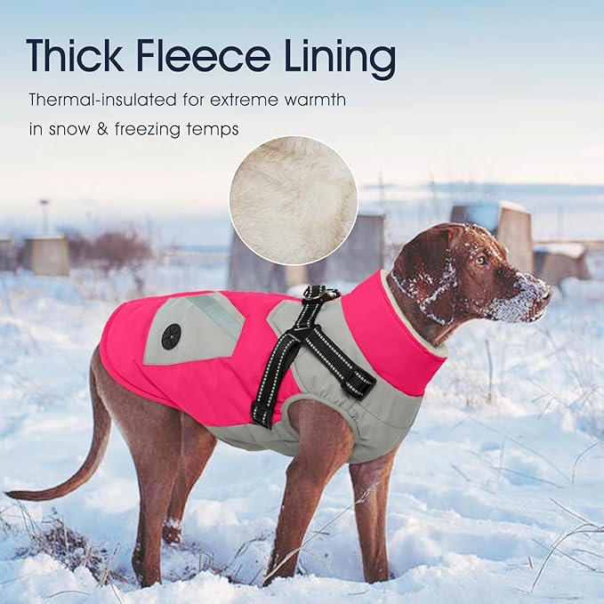IECOii Dog Coat for Large Dogs Waterproof Dog Winter Jacket with Harness Built in, Rosered - XXLarge, Thermal Warm Fleece Lined, Reflective Dogs Jackets for Cold Weather Camping, Hiking, Pitbull