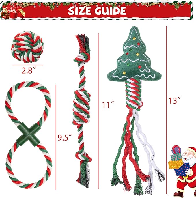 SCENEREAL Christmas Dog Rope Toys, 4pcs Doggy Chew Toys with Stocking for Teething Cleaning, Squeaky Plush Puppy Toy, Interactive Dog Stocking Stuffers, Xmas Gifts for Small Medium Large Dogs