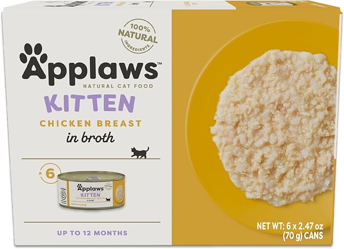 Applaws Natural Wet Kitten Food, Limited Ingredient, Grain-Free, Protein with No Artificial Additives, Chicken Breast in Broth (6 x 2.47oz Cans)
