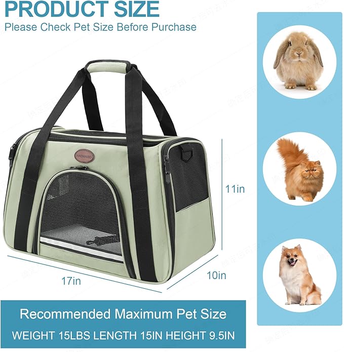 Cat Carrier Dog Carrier Pet Carriers for Medium Small Cats Dogs Puppies up to 15 Lbs,TSA Airline Approved Small Dog Cat Carriers Soft Sided,Collapsible Travel Puppy Carrier (Green, Medium)