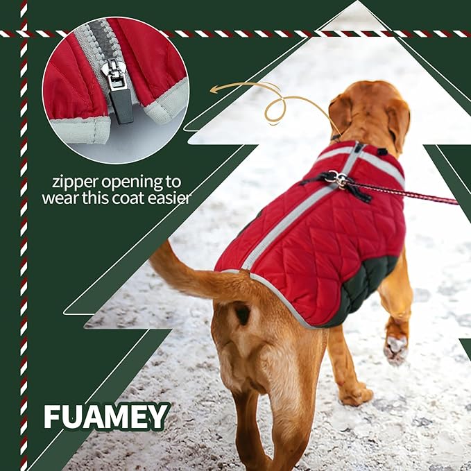 FUAMEY Dog Coat for Large Dogs,Waterproof Dog Winter Jacket with Harness Built in Puppy Cold Weather Coats Reflective Pet Vest with Zipper Warm Fleece Dogs Snowsuit Windproof Christmas XXXL