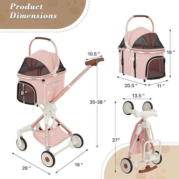 Athena collection Dog Stroller for Small Dogs,One-Hand-Fold Pet Stroller with Detachable Carrier,Lightweight Cat Stroller up to 22lbs(Soft Pink)
