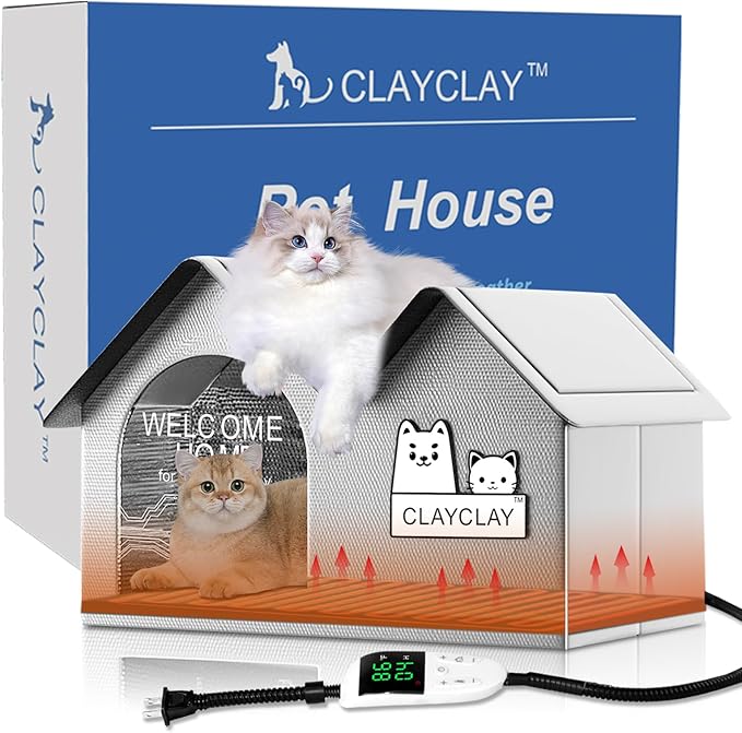 Heated Cat House for Outside Pets in Winter,Winter Shelter for Indoor Outdoor Ferals,Cats & Small Dogs with Heating Pad,Kitty Heated House with Waterproof Suitable for All Seasons(28"D x 17"W x 18"H)