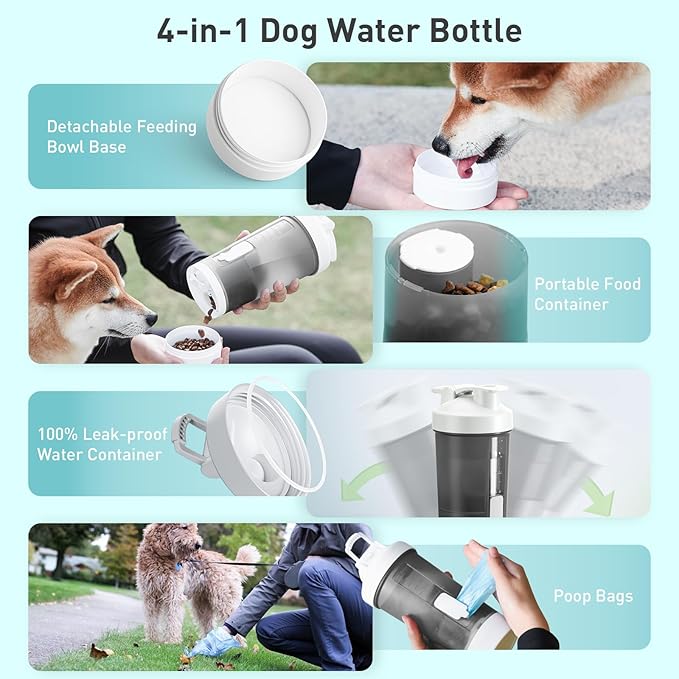 PAWGETHER® 4-in-1 Dog Water Bottle with Leak-Proof Portable Pet Water Bottle & Food Container & Poop Bag Dispenser & Built in Bowl for Outdoor Walking,Hiking,Travel(15oz for Water 5 oz for Food,Grey)