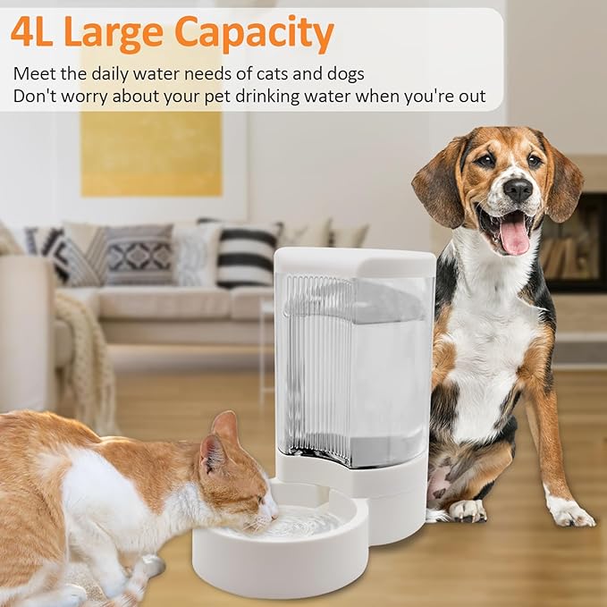 Pet Water Dispenser, Gravity Automatic Dog Water Bowl & Cat Water Dispenser, 4L Cat Dog Waterer Station, Self Water Dish Without Electricity Auto Water for Cats Dogs Bunny
