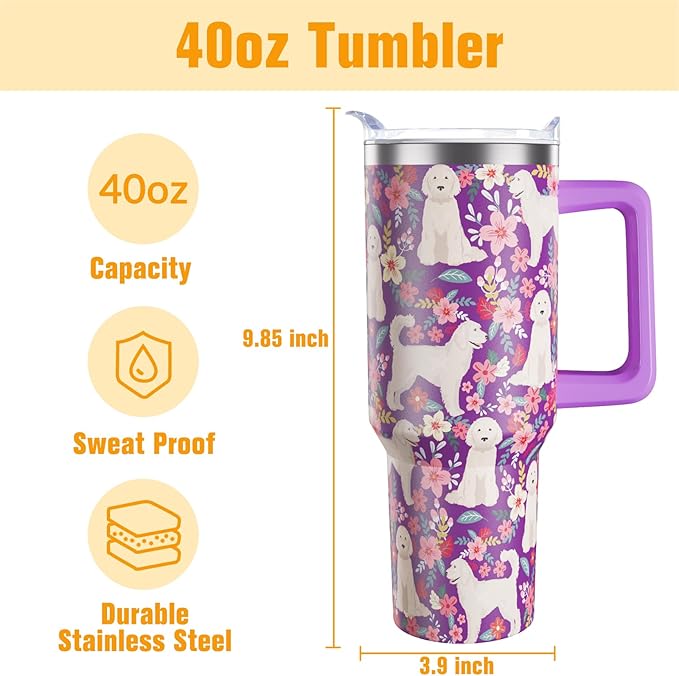 Goldendoodle Gifts for Women Dog Lovers 40 oz Floral Golden Doodle Tumblers with Handle and Straw, Stainless Steel Vacuum Insulated Travel Coffee Mug Cup Water Bottle