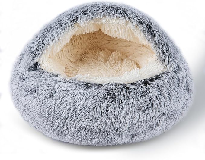 Cat Bed Calming Cat Beds,Indoor Washable Cat Bed,Anti-Slip Faux Fur Fluffy Cuddler Anxiety Cat Bed,Warming Cuddler Cushion Bed for Small Medium Dogs and Cats (Grey, 24 * 24inch)