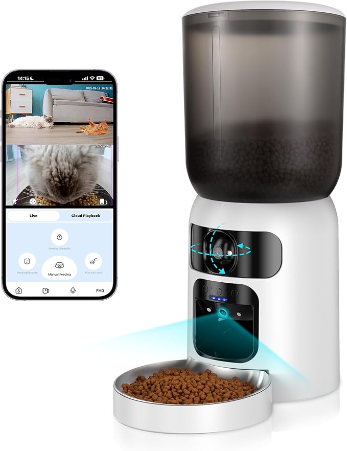 6L AI Automatic Cat Feeder with Dual Camera, 1080P HD Night Vision & Dual Power Supply, Easy Setup Timed Food Dispenser with Desiccant Bag for Cats & Dogs, 5G WiFi Pet Feeder with 2-Way Audio