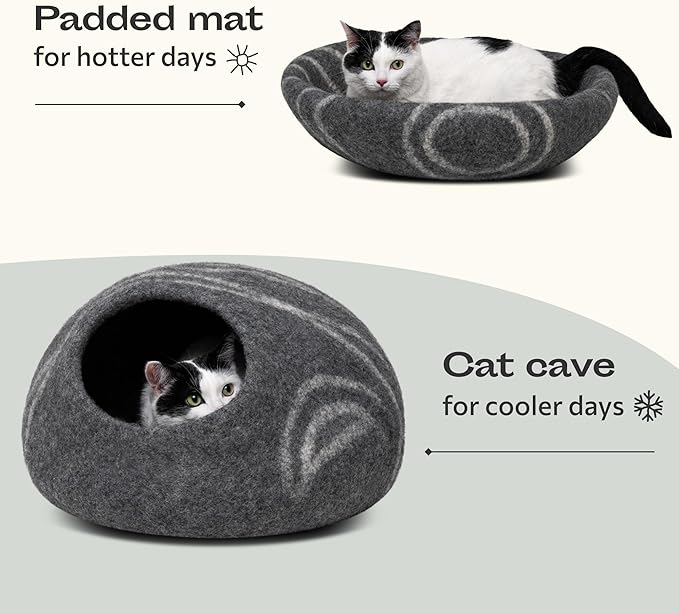 MEOWFIA Cat Cave – Premium Felt Cat Bed for Indoor Cats, Handmade 100% Merino Wool (Dark Shades) (Large, Dark Grey)