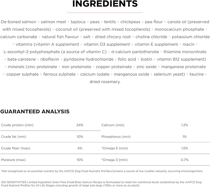 Go! Solutions Sensitivities Limited Ingredients, Grain-Free Dry Dog Food, Small Bites Salmon Recipe for Sensitive Stomach, 3.5 lb Bag