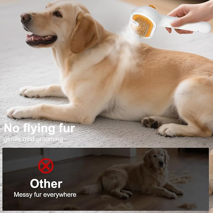 Pet Steam Brush for Dog & Cat - 3-in-1 Steam Grooming Brush for Shedding & Hair Removal - Self Cleaning Spray Comb with Mist for Long Haired Pets - Includes 1*Waterless Shampoo, Yellow