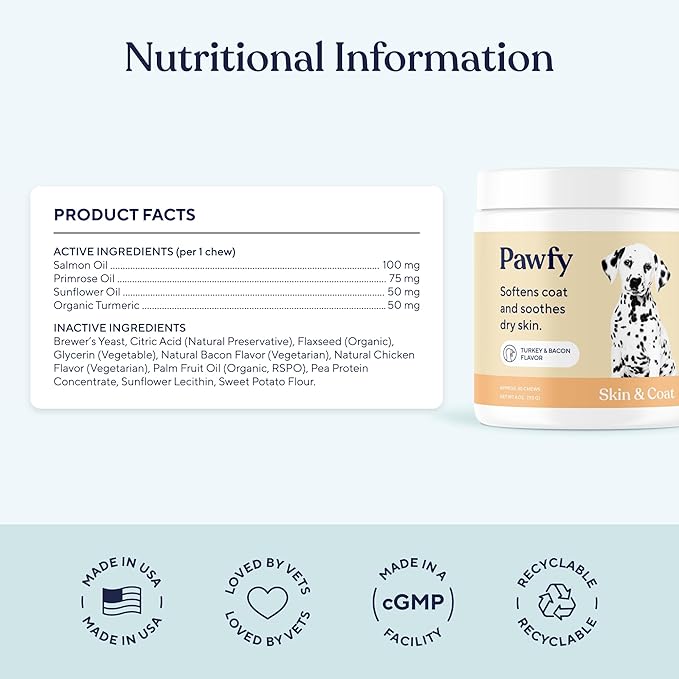 Pawfy Skin & Coat with Salmon Oil - Dog Allergy Relief Chews | Advanced Licking Paws Comfort | Dog Itching Skin Relief & Seasonal Allergies Support - Immune Support & Coat Defense | 30 Chews (Bacon)