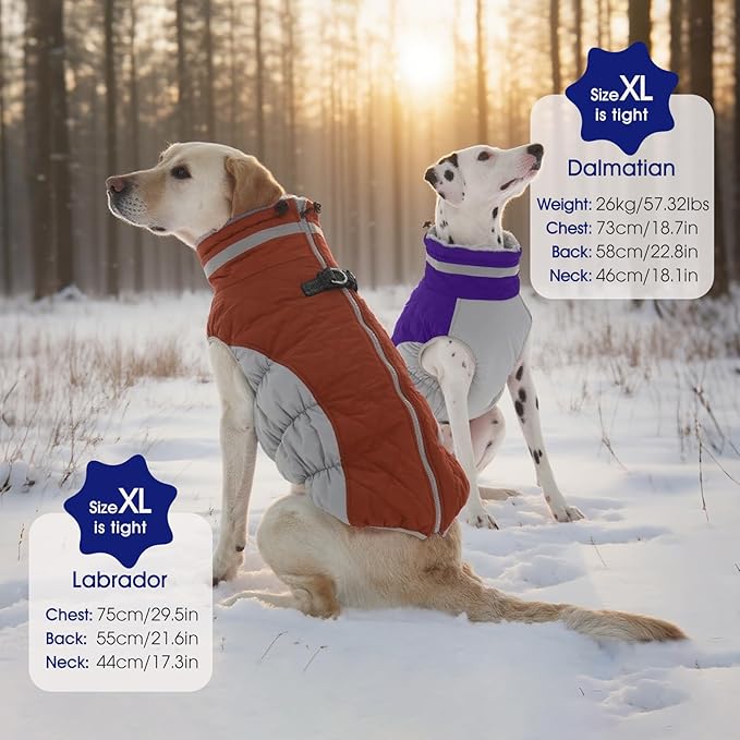 FUAMEY Dog Coat for Large Dogs,Waterproof Dog Winter Jacket with Harness Built in Puppy Cold Weather Coats Reflective Pet Vest with Zipper Warm Fleece Dogs Snowsuit Windproof Purple XL