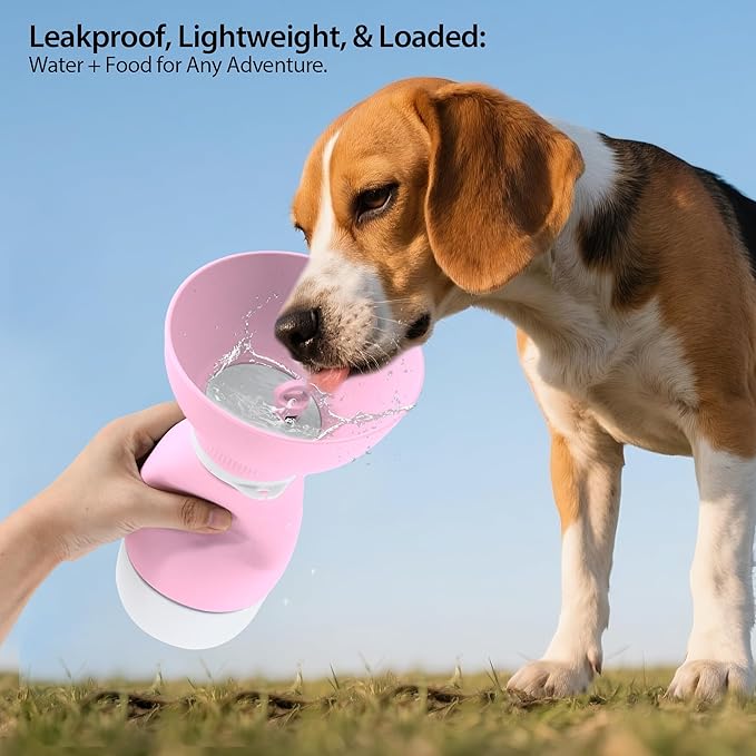 Portable Pet Water Bottle - 20 oz with 8.8 oz Food Container,Silicone Leakproof Travel Bottle for Dogs Cats, Detachable Feeding Dish for Walking Hiking Travel Pink