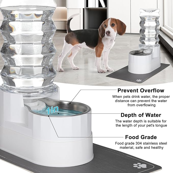 Sfozstra Large Dog Water Dispenser: 8L Automatic Stainless Steel White Water Feeder with Waterproof Pad - Raised Edge Water Dispenser for Dogs & Cats Easy Clean