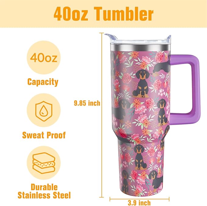 Dachshund Gifts for Women Dog Lovers 40 oz Floral Weiner Dog Tumblers with Handle and Straw, Stainless Steel Vacuum Insulated Travel Coffee Mug Cup Water Bottle