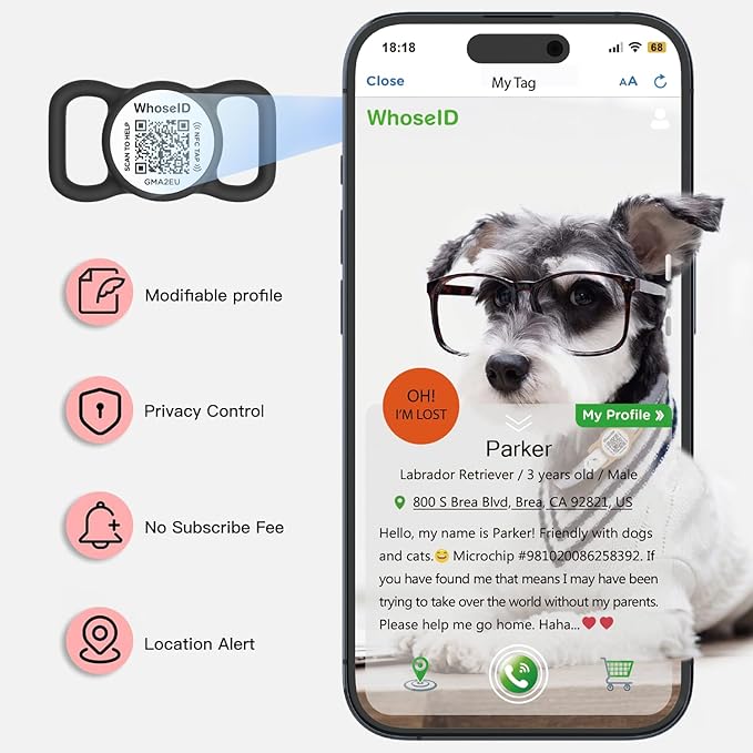 QR Code Dog Tag with NFC, Personalized Pet ID Tag, Silent Dog ID Tag, Modifiable Pet Online Profile, Multiple Emergency Contact, Scan QR Code Send GPS Location Email (Regular, Black&White)