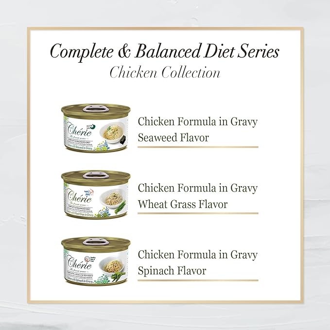 CHÉRIE Complete & Balanced Diet Series Wet Cat Food in Gravy Chicken Variety Pack, Chicken with Natural Vegetables for Skin, Joint, Stomach, Urinary Tract Health, Grain-Free, 24 Pack, 2.8 oz. Can
