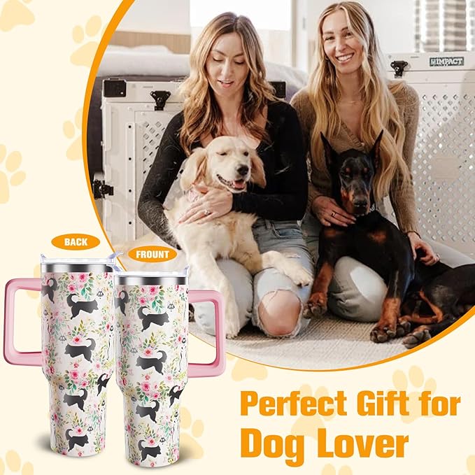 Husky Gifts for Women Dog Lovers 40 oz Floral Husky Tumblers with Handle and Straw, Stainless Steel Vacuum Insulated Travel Coffee Mug Cup Water Bottle