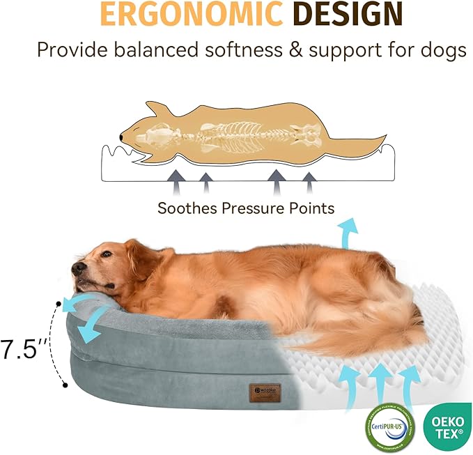 Orthopedic Waterproof Large Dog Bed: Memory Foam Washable Dog Bed with Bolsters - XL Removable Orthopedic Cover for Medium Large Sized Pet - Non-Slip Bottom - Grey