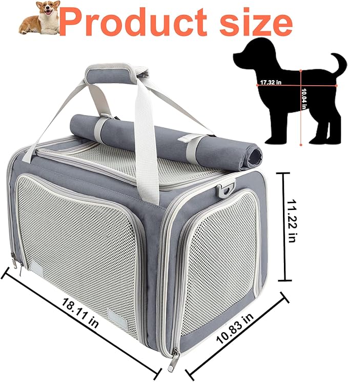 Texsens Pet Carrier - Soft Sided Cat Carrier for Small/Medium/Large Cats & Puppies Up to 16 lbs - Collapsible Cat Bag for Outdoor Travel - TSA Airline Approved with Privacy Protection (Grey)