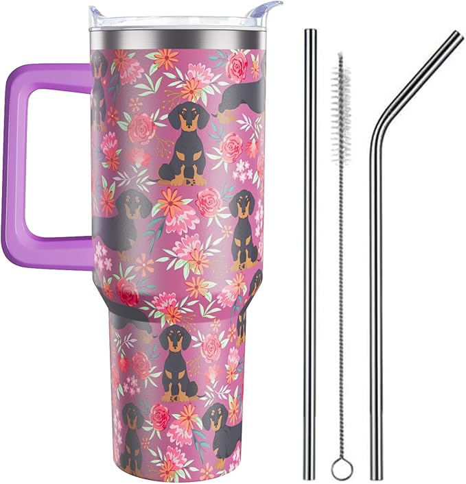 Dachshund Gifts for Women Dog Lovers 40 oz Floral Weiner Dog Tumblers with Handle and Straw, Stainless Steel Vacuum Insulated Travel Coffee Mug Cup Water Bottle