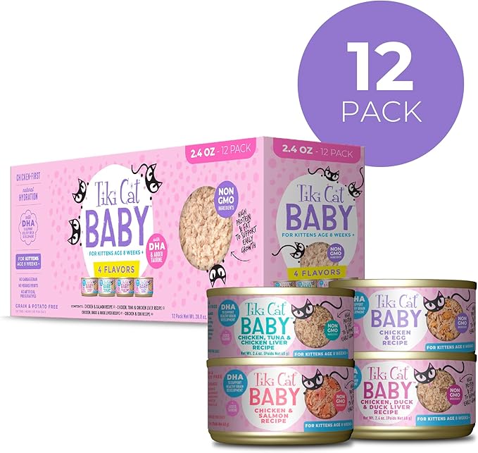 Tiki Cat Baby, Shreds Variety Pack, High-Protein and Flavorful, Wet Cat Food for Kittens 8 Weeks Plus, 2.4 oz. Cans (Pack of 12)