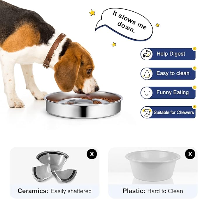 Slow Feeder Dog Bowl Stainless Steel, 2 Cups Metal Non-Slip Dog Food Bowls, Dog Water Bowl for Small & Medium Sized Dogs, Fun Bloat Stop Pet Bowl for Fast Eaters, Slows Down Pets Eating