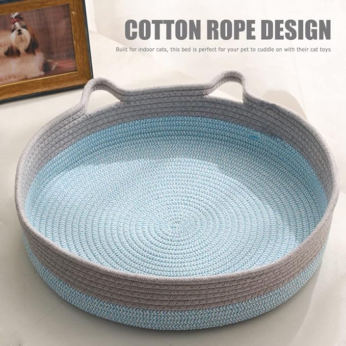 Round Cat Bed for Indoor Cats, Cat Basket Bed, Wicker Cat Donut Beds, Cooling Cat Nest for Summer Sleeping, Washable Pet Pad for Cat Scratching, Blue Grey