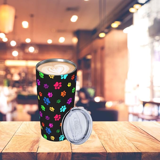 Dujiea 20oz Tumbler With Lid And Straw, Colorful Dog Cat Paw Print Vacuum Insulated Iced Coffee Mug Reusable Travel Cup Stainless Steel Water Bottle