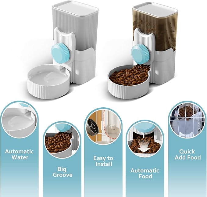 Hanging Cage Automatic Food Water Dispenser, Detachable Auto Gravity 1L Self-Feeding Feeder and Waterer Set, Crate Auto Feeder Dish for Puppy Cats Ferret Bunny Guinea Pig Small Pets (Blue)