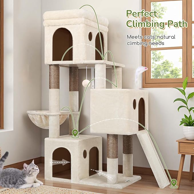 Globlazer Cat Tree Tower for Indoor Cats, 52in Multi-Level Heavy Duty Cat Tower with 4 Scratching Posts, Ladder, Sturdy Cat Tree with 3 Cat Condos for Adult Cats Kittens, Hanging Basket, F52B, Beige
