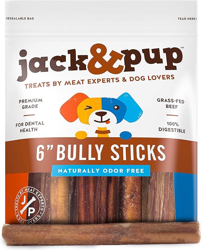 Jack&Pup 6-inch Bully Sticks for Dogs (40 Pack) Thick Pizzle Sticks | Long Lasting, Single Ingredient Chew Treat for Medium Dogs