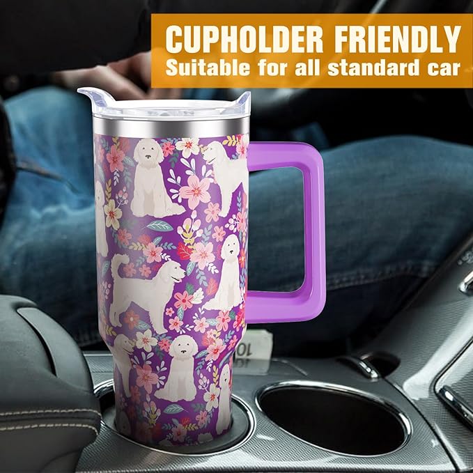 Goldendoodle Gifts for Women Dog Lovers 40 oz Floral Golden Doodle Tumblers with Handle and Straw, Stainless Steel Vacuum Insulated Travel Coffee Mug Cup Water Bottle
