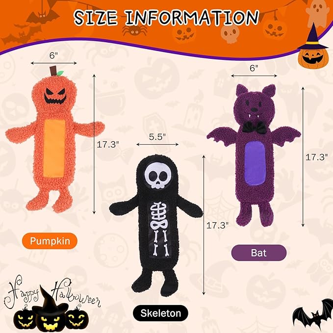 SCENEREAL Stuffless Halloween Dog Squeaky Toys for Small Medium Dogs, Crinkle Puppy Chew Toy, 3 Pack Cute Animals Shape Soft Pet Plush Teething Toys(Skeleton & Pumpkin & Bat)