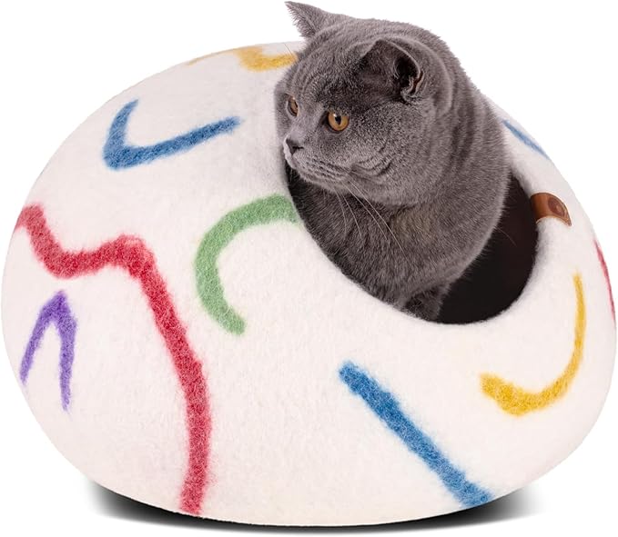 MEOWFIA Cat Cave – Premium Felt Cat Bed for Indoor Cats, Handmade 100% Merino Wool (Vivid Shades) (Large, Ivory Rainbow)