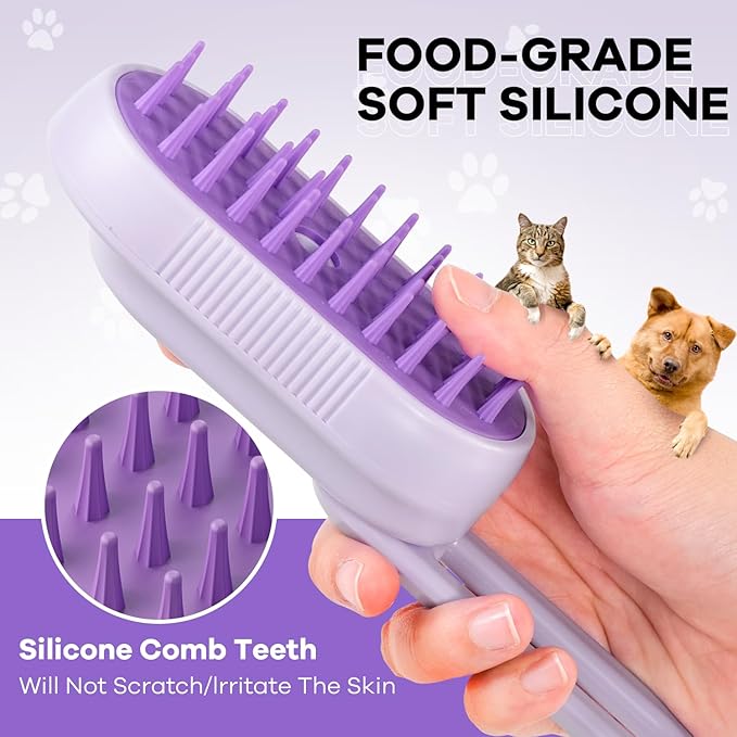 Cat Steam Brush for Shedding, 4 in 1 Brushs with Foldable Handle, Steam Brushs for Cats, Spritz Defur Comb for Cats, Water Brush for Cat, Pet Spray Hair Removal Comb (purple)