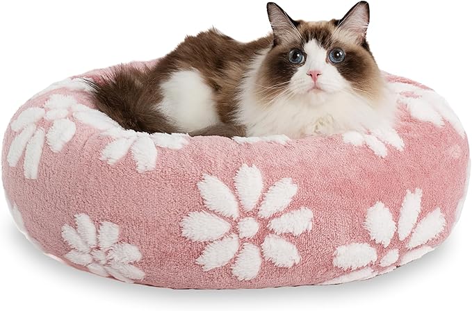 Donut Dog Beds for Small Dogs, Calming Round Cat Beds for Indoor Cats, Cute 3D Textured Flower Pet Bed with Removable Washable Cover and Anti-Slip Bottom(Pink,20")
