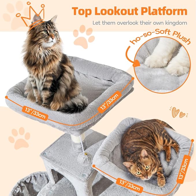 Taoqimiao Large Cat Tree,73-Inch Cat Tree Tower with 9 Scratching Posts for Indoor Cats, 2 Large Cat Condo with Hammock, Hanging Basket, 2 Extended Platform, Light Gray MS013XLW