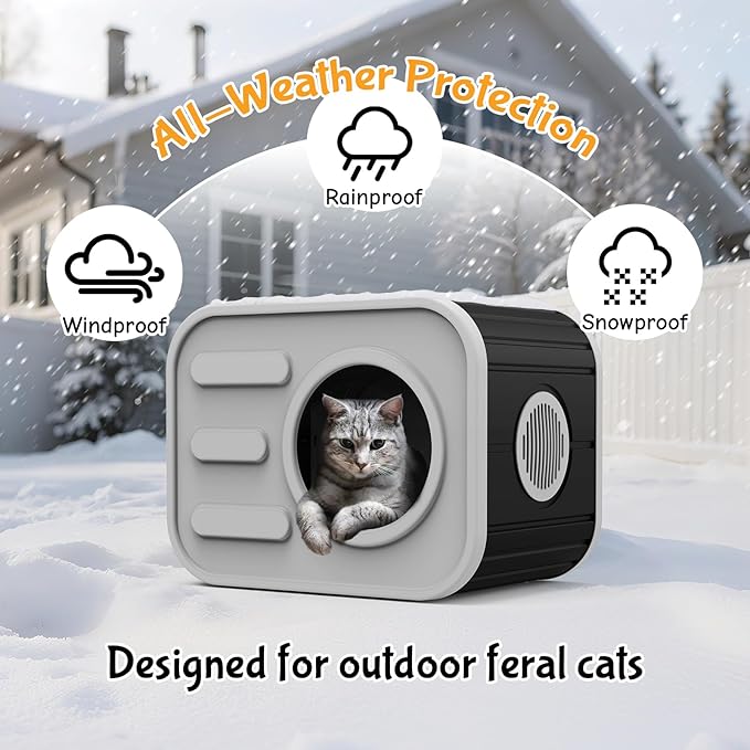 Outdoor Cat House, Outside Cat Shelter with Bed Mat for Feral Cat, Plastic Pet House for Indoor and Outdoor Use, Weatherproof, Black