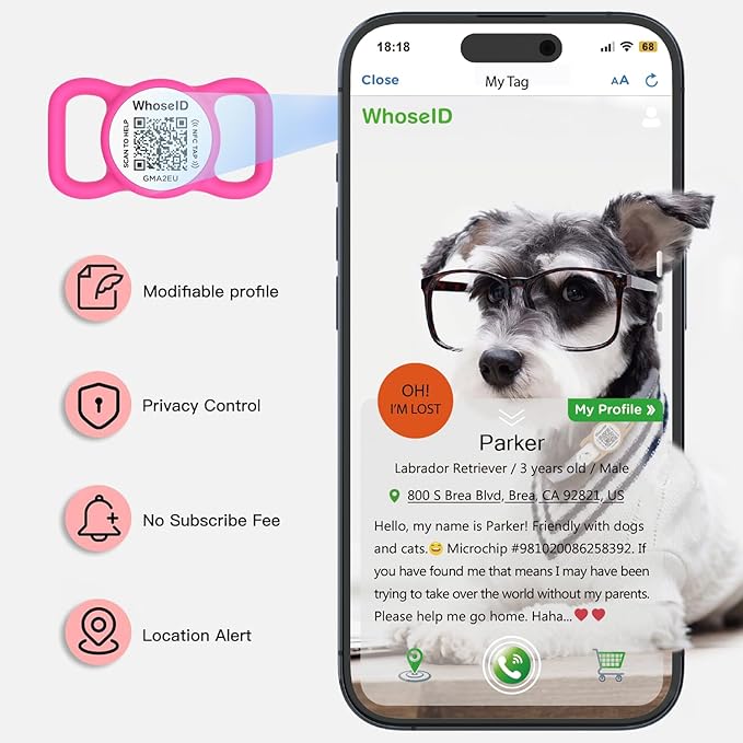 QR Code Dog Tag with NFC, Personalized Pet ID Tag, Silent Silicone Dog ID Tag, Modifiable Pet Online Profile, Multiple Emergency Contact, Scan QR Code Send GPS Location Email (Small, Rose)