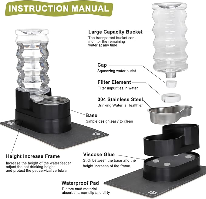 RIZZARI Large Water Dispenser for Dogs: 8L Gravity Black Automatic Stainless Steel Waterer - 100% BPA Free - Raised Pet Feeder for Pet Dogs Indoor/Outdoor