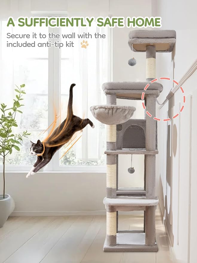Taoqimiao MS042W Cat Tree,66-inch Large Cat Tower with Scratching Posts, Luxurious Large Platform for Big Cats with Soft Hammock, Adjustable Basket, Deluxe Cat Cando, Top Perch Light Gray