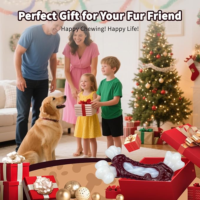 Dog Toys for Aggressive Chewers, Indestructible Dog Chew Toy for Large Dogs, Tough Dog Toys to Keep Them Busy for Small Medium Large Breed, Dog Chew Bone Toy, Bacon Flavor (Red Bone)